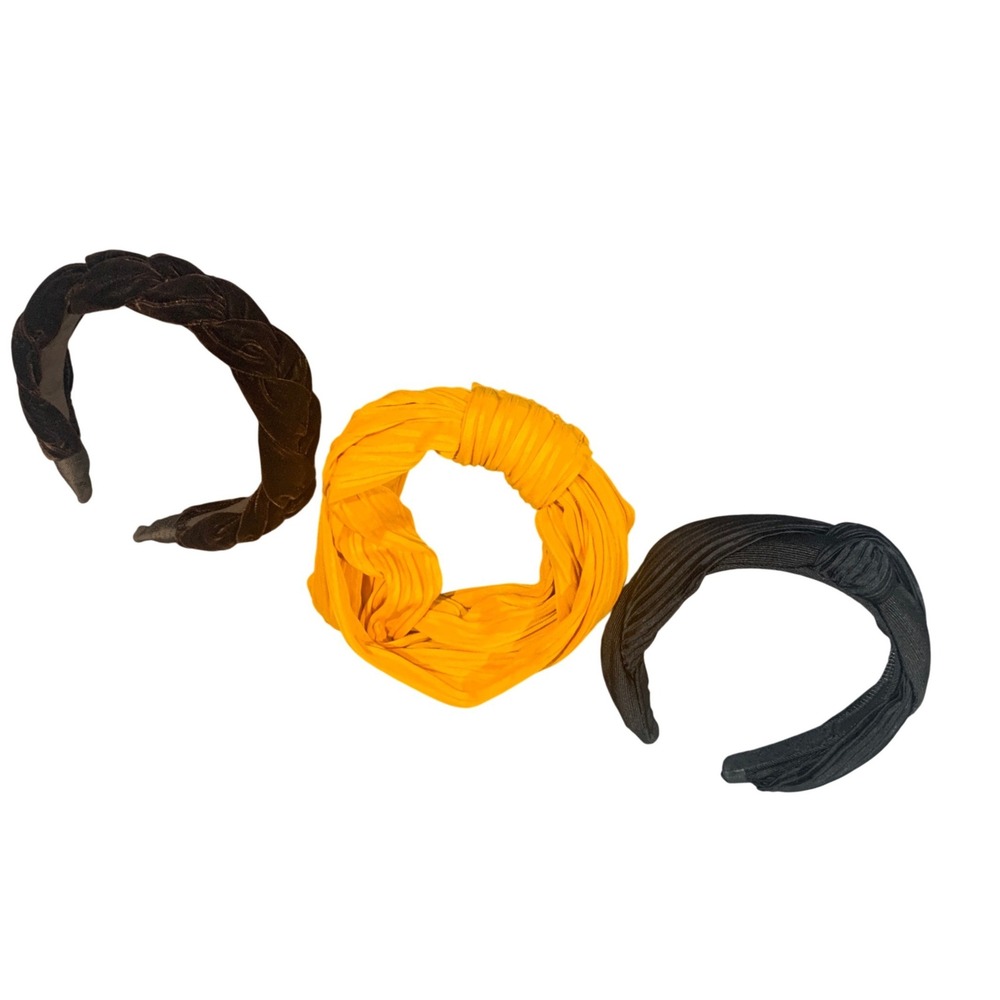 Womens Vintage Headband Set Aura Anna Black Brown Yellow Velvet Braided Knotted